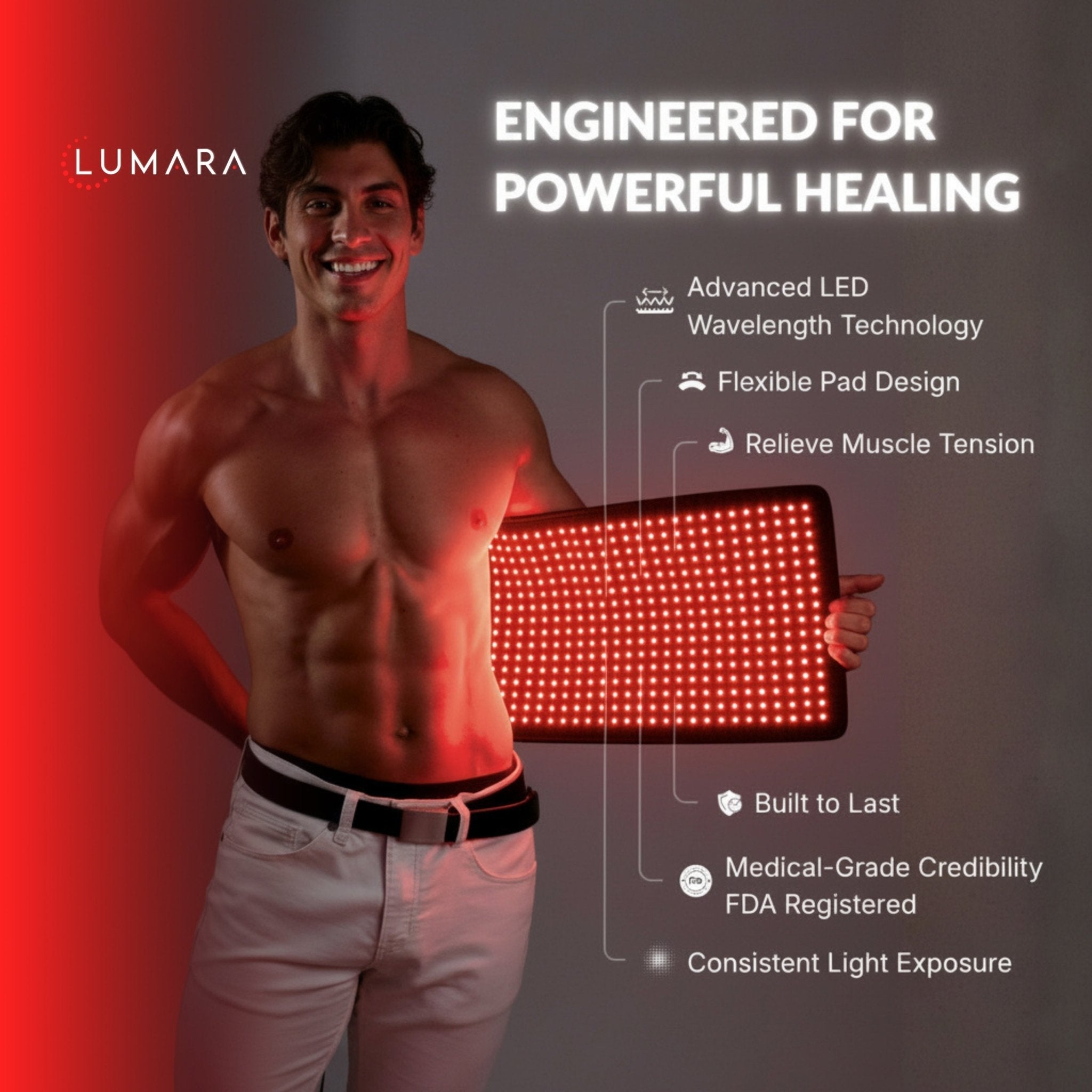 Lumara LED pad graphic titled 'Engineered for powerful healing'