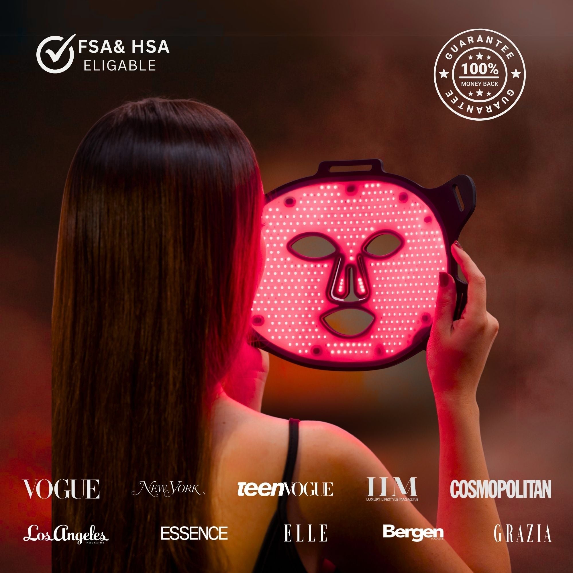 Lumara red LED face mask featured with press logos and FSA/HSA eligibility