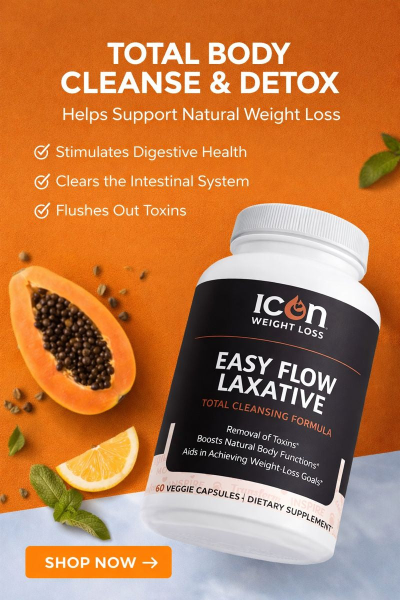Icon Easy Flow Laxative 'Total body cleanse and detox' graphic with papaya