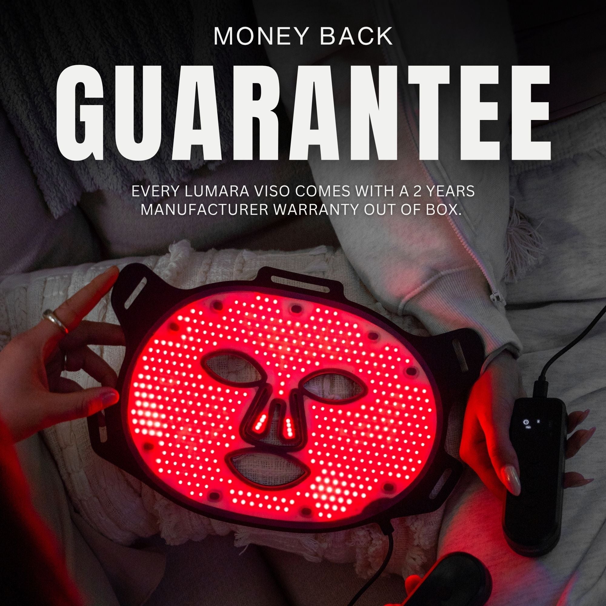 Money-back guarantee graphic featuring the Lumara red LED face mask