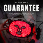 Money-back guarantee graphic featuring the Lumara red LED face mask