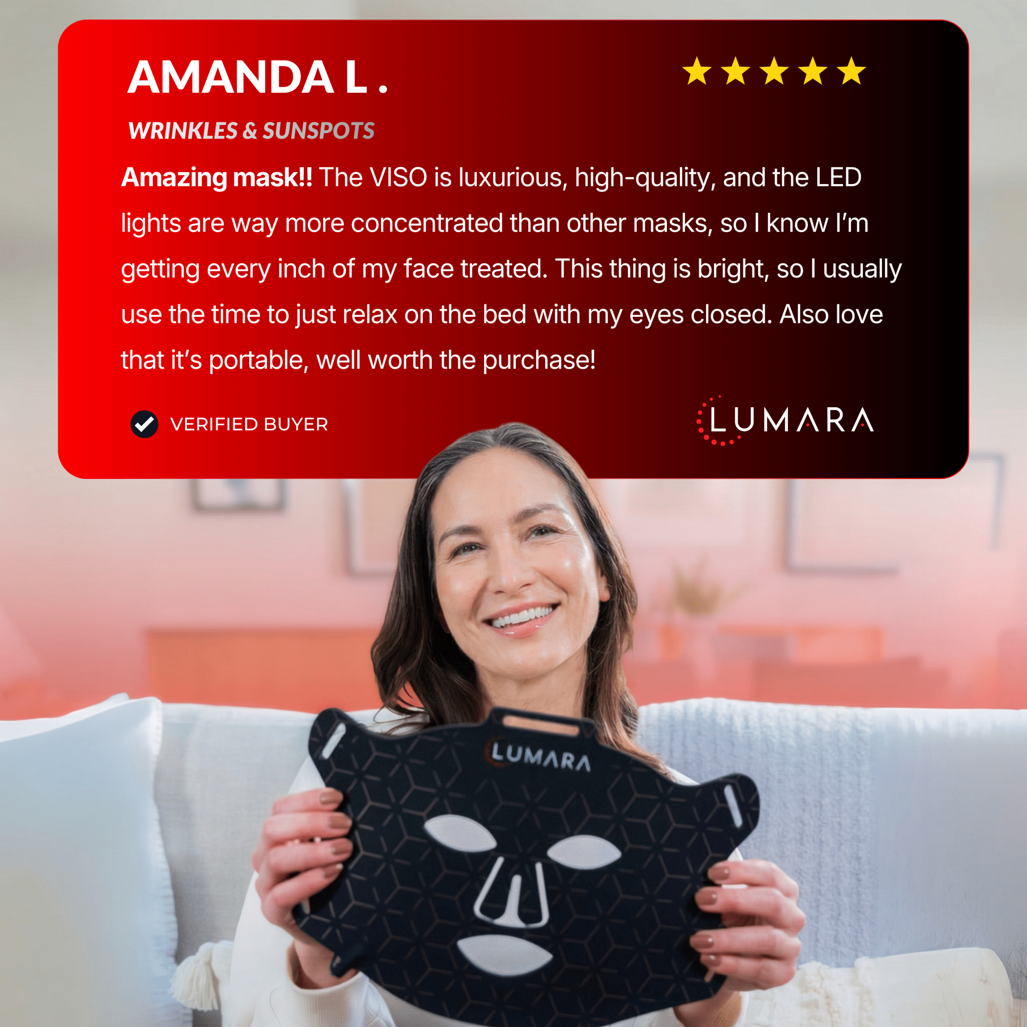 Customer testimonial graphic from Amanda L. holding a Lumara LED face mask