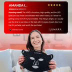Customer testimonial graphic from Amanda L. holding a Lumara LED face mask