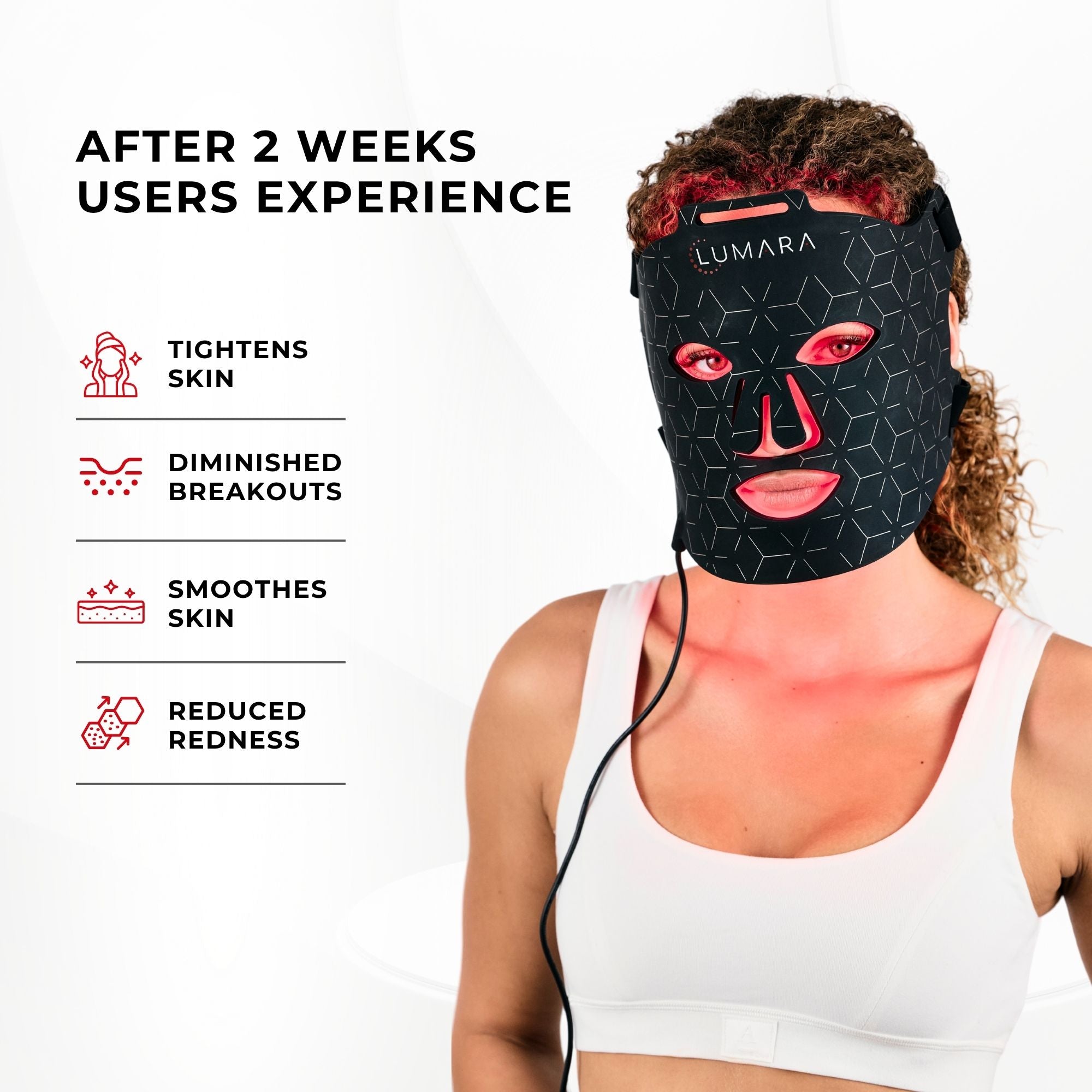 Lumara LED mask graphic listing results users experience after two weeks