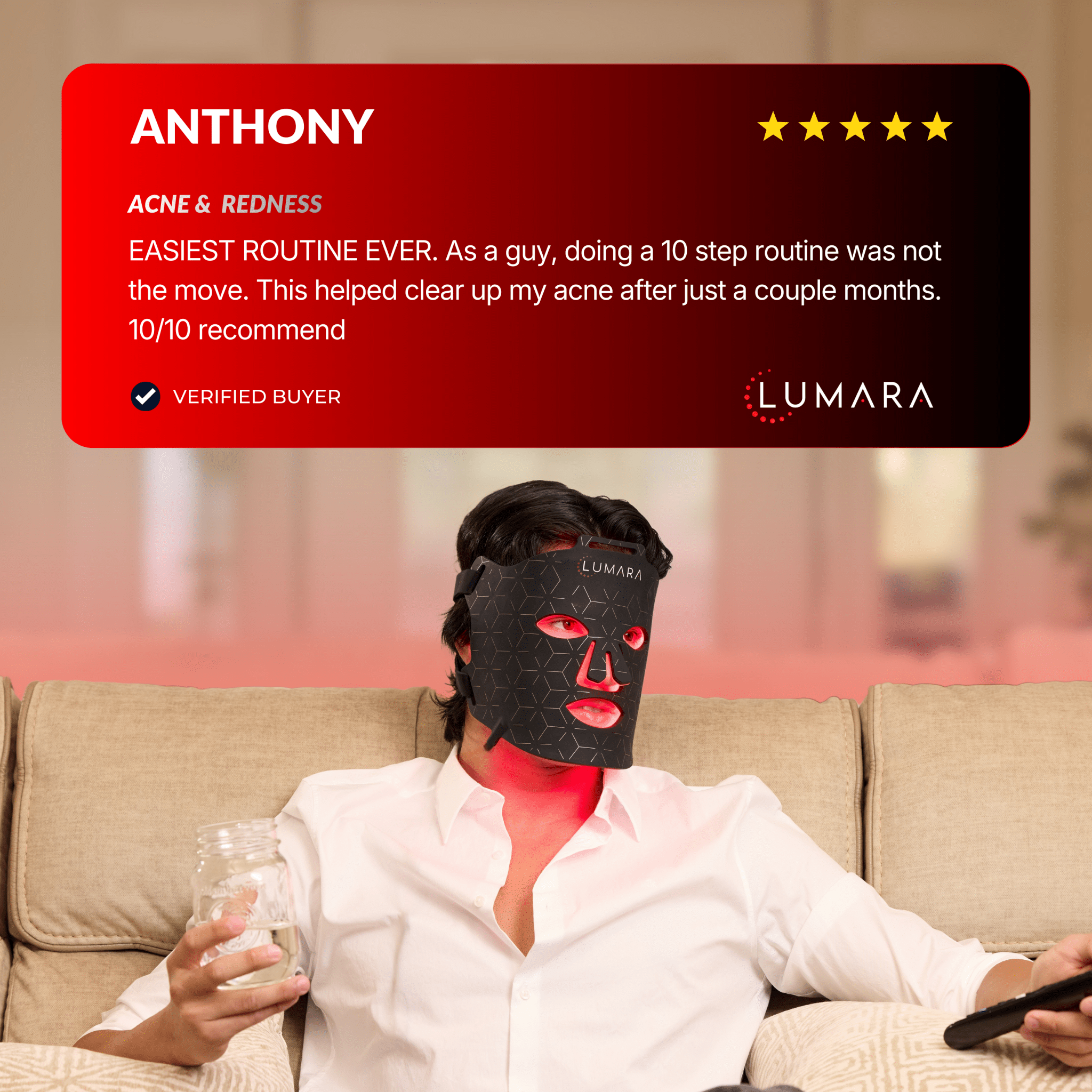 Customer testimonial graphic with a five-star review from a person named Anthony