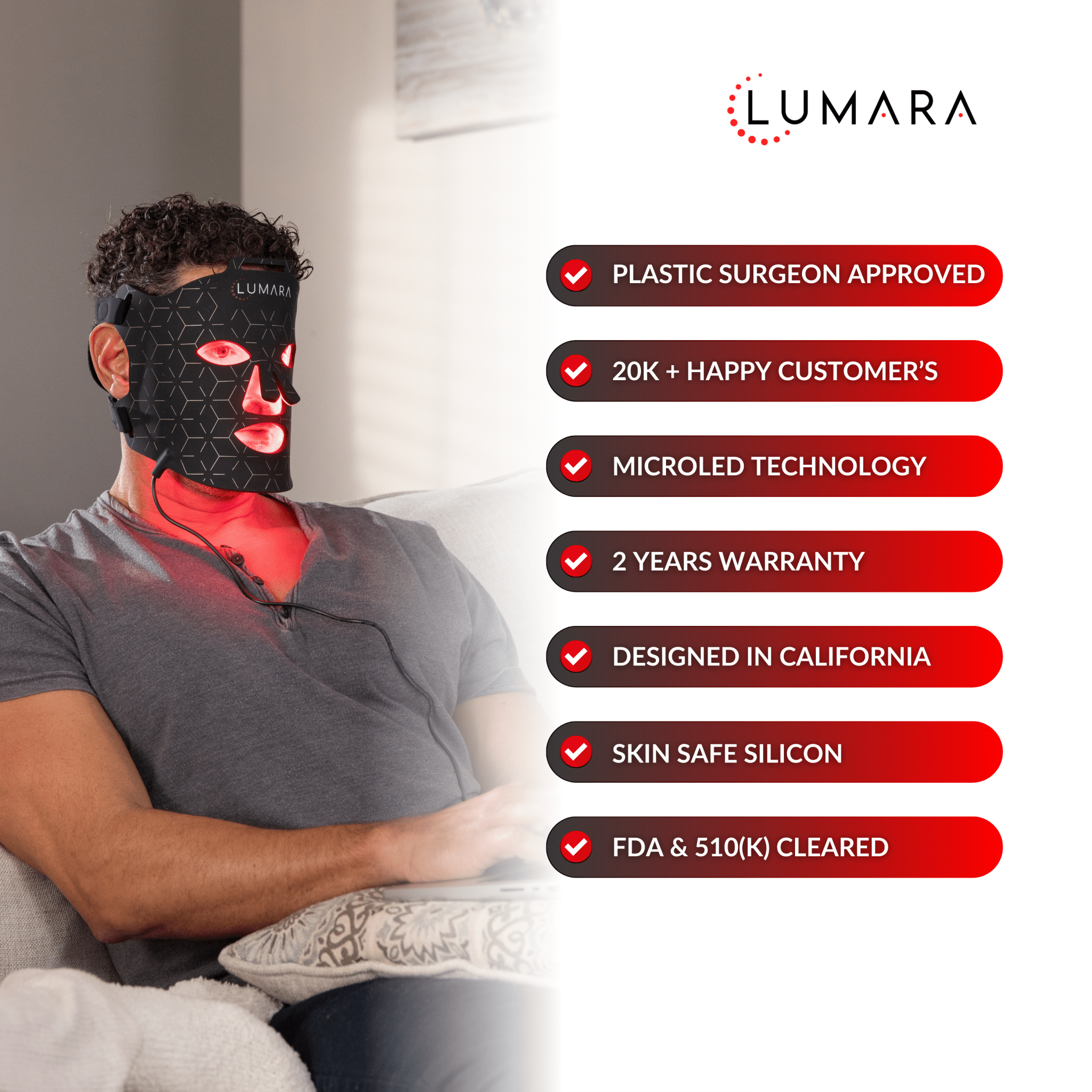 Promotional graphic listing product certifications beside a person in a red mask