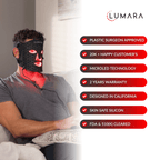 Promotional graphic listing product certifications beside a person in a red mask