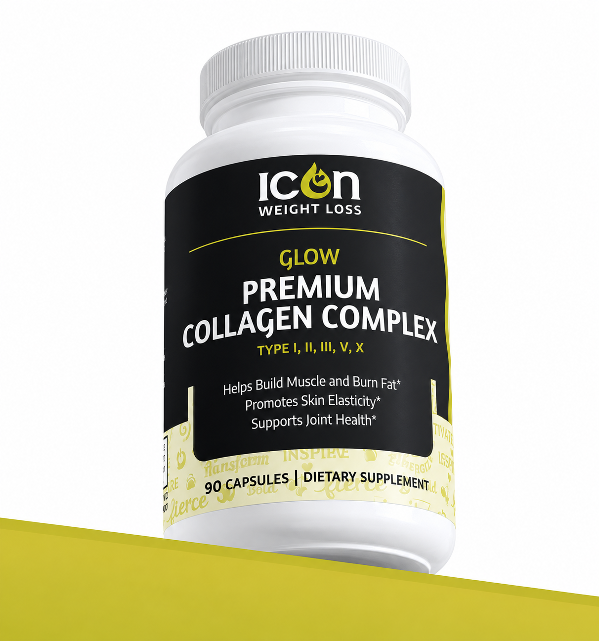 Icon Glow Premium Collagen Complex bottle on a yellow background