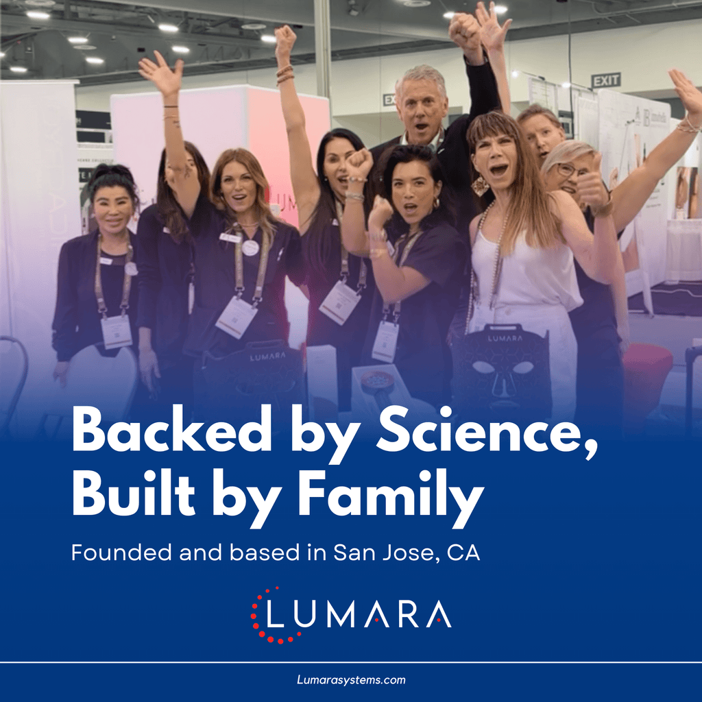 Lumara team photo with text 'Backed by science, built by family, founded in San Jose, CA'