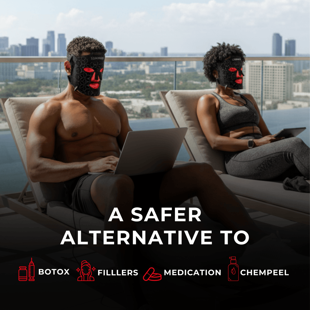 Two people wearing red LED light therapy face masks on a rooftop, with text 'A safer alternative to Botox, fillers, medication, chemical peels'