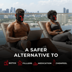 Two people wearing red LED light therapy face masks on a rooftop, with text 'A safer alternative to Botox, fillers, medication, chemical peels'
