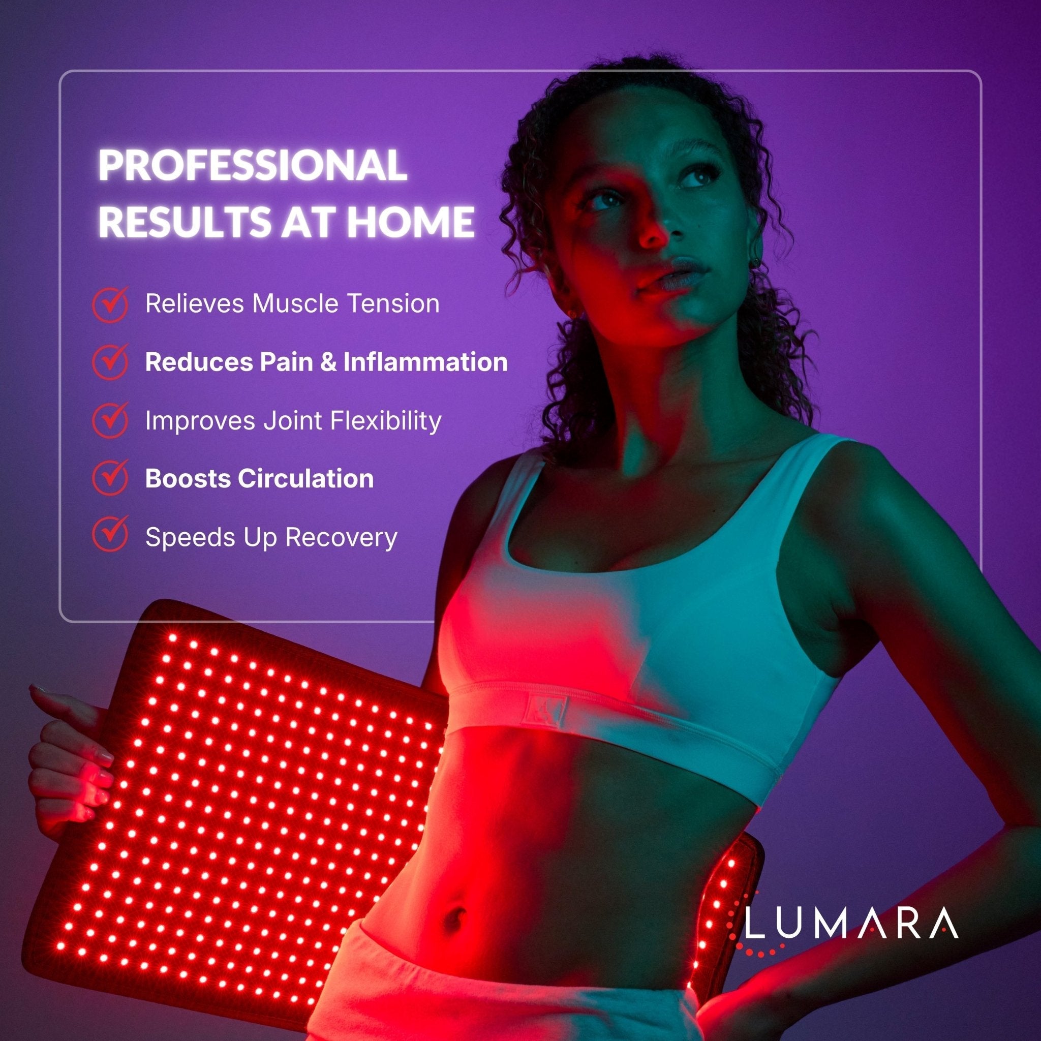 Lumara LED pad graphic titled 'Professional results at home' showing red light therapy