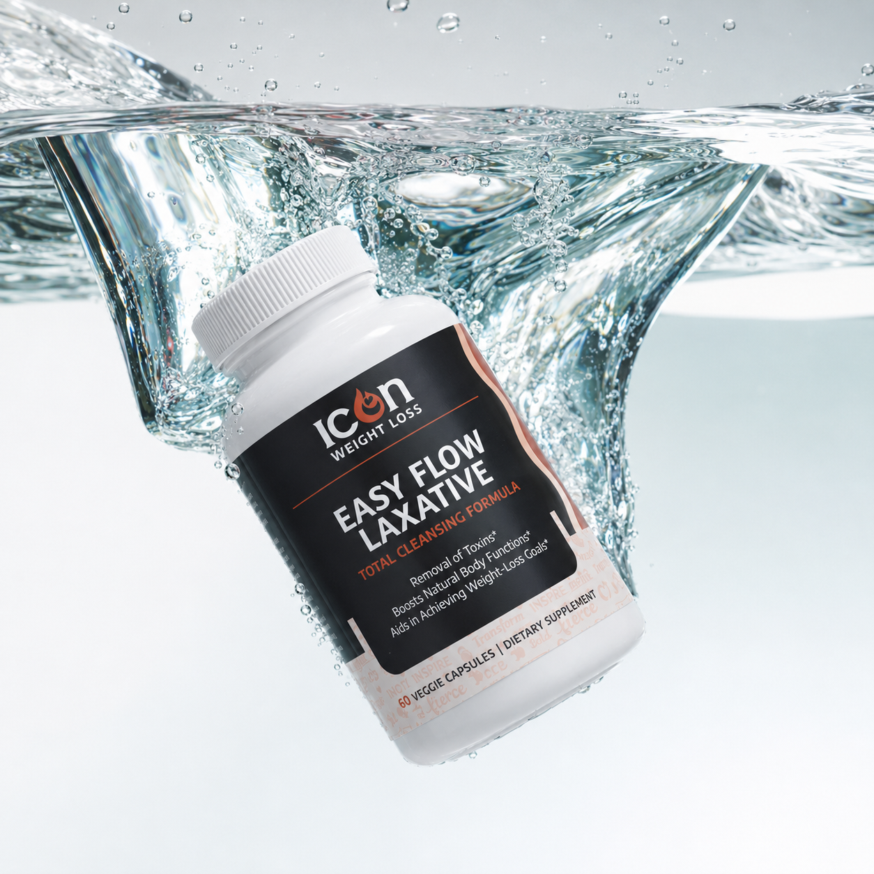 Icon Easy Flow supplement bottle with a dynamic water splash