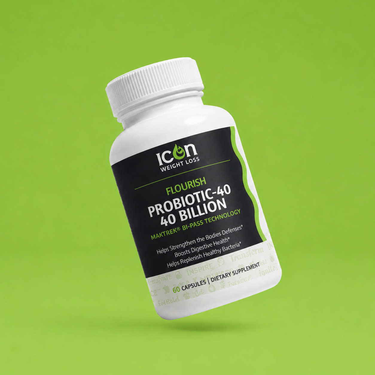 Icon Probiotic 40 Billion supplement bottle on a green background