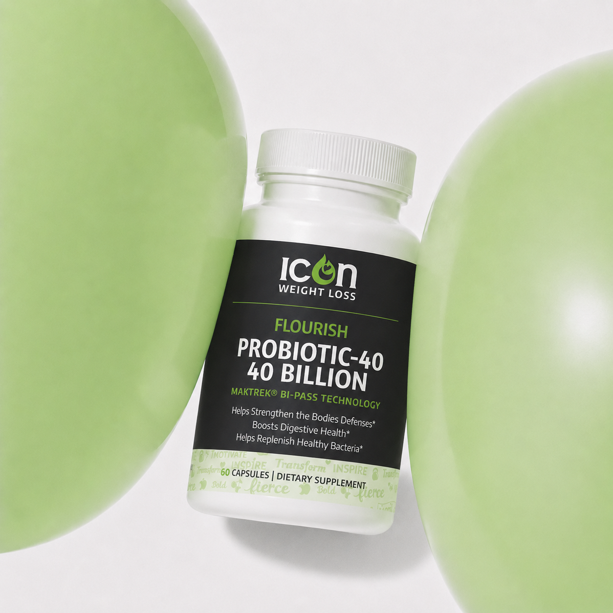 Icon Probiotic 40 Billion supplement bottle with a green sphere backdrop
