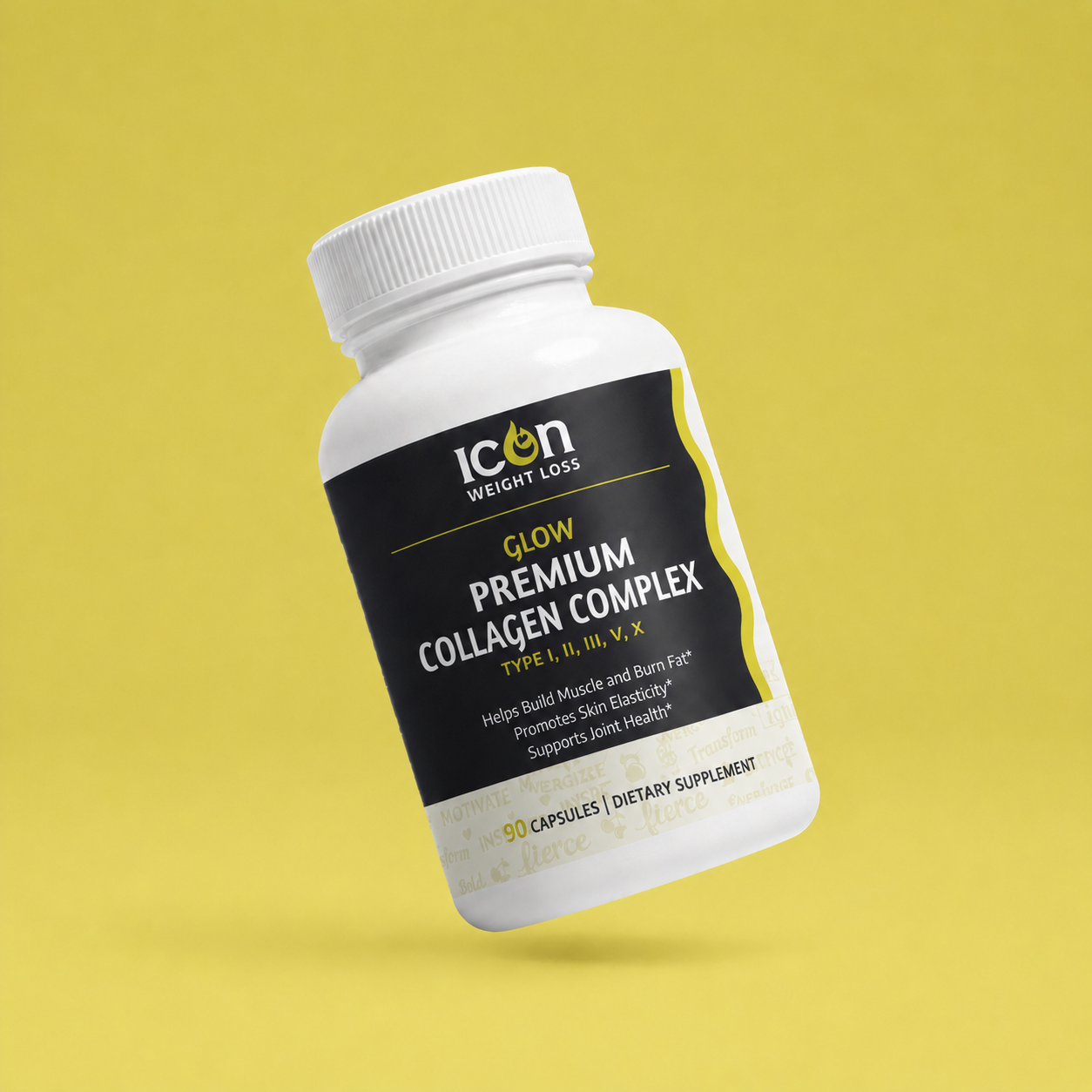 Icon Glow Collagen supplement bottle on a yellow background