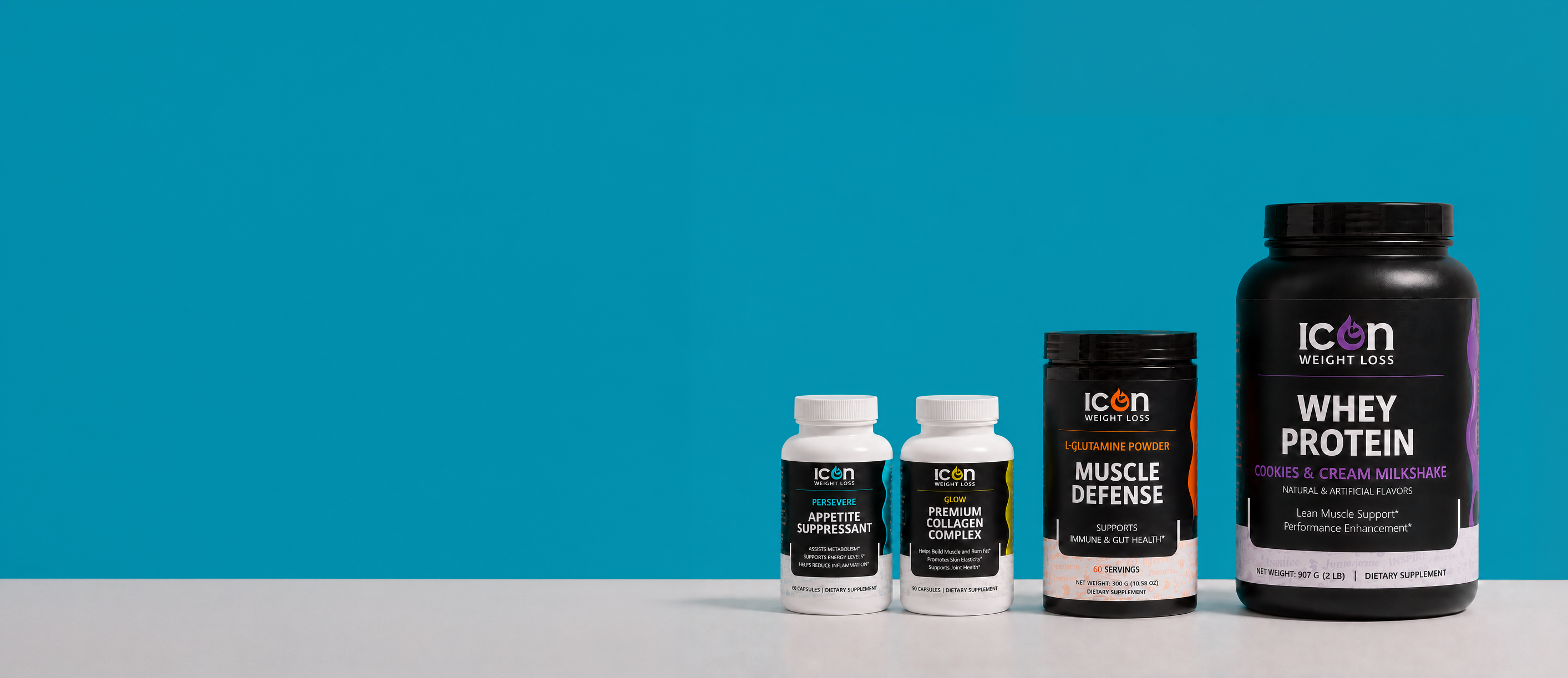 Icon whey protein and supplement bottles on a blue background