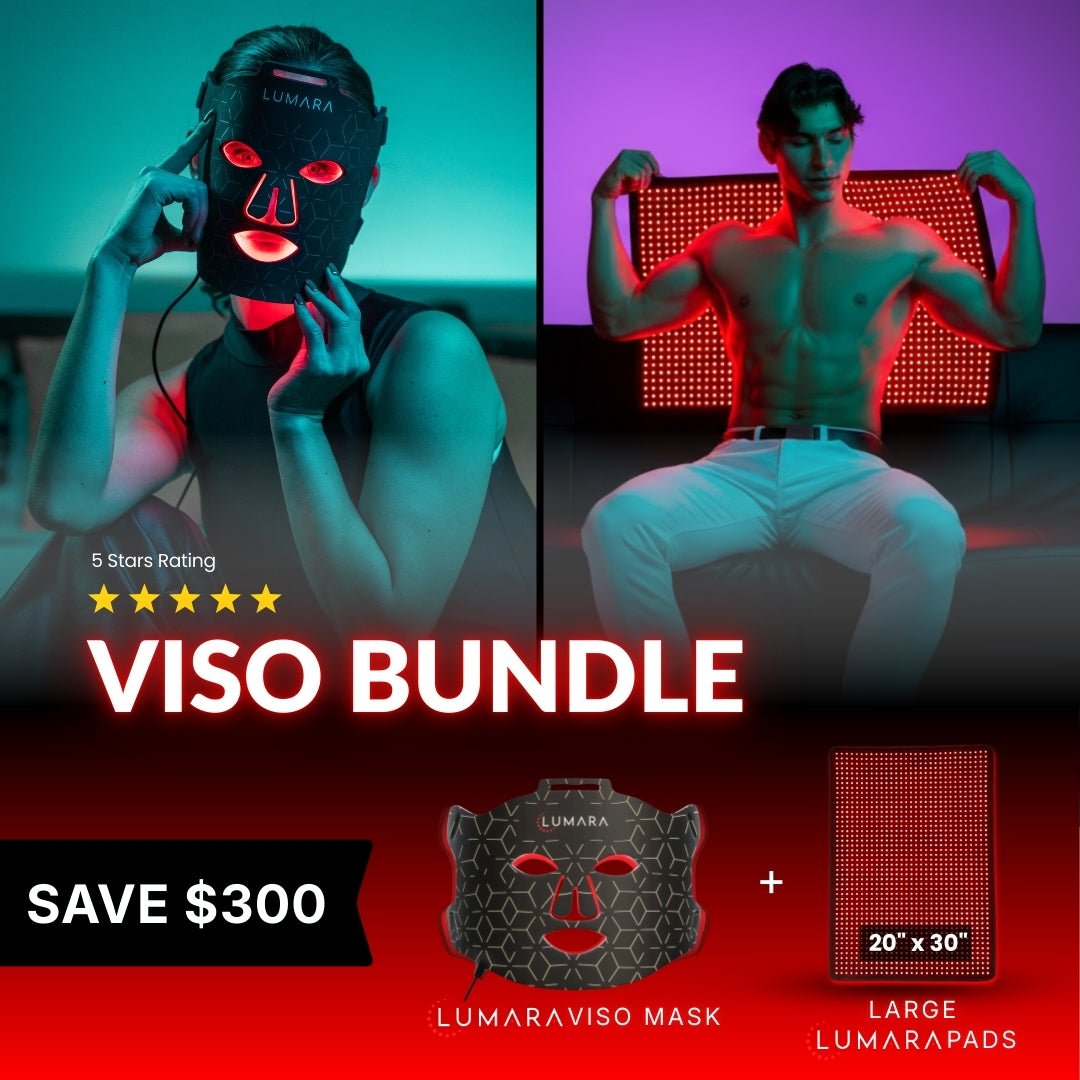 Lumara Viso bundle 'Save $300' graphic with a person wearing a red LED mask