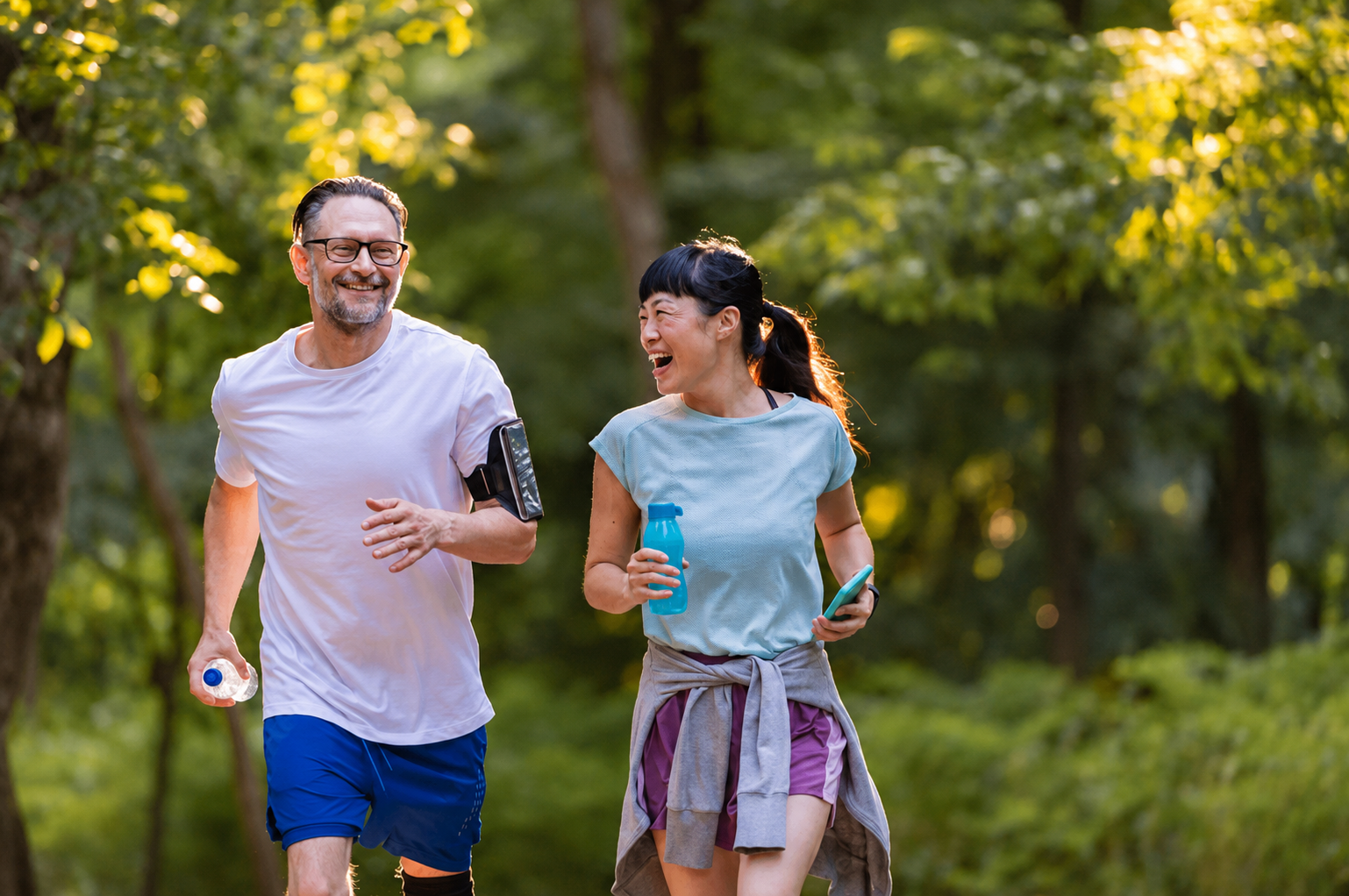 Smiling couple jogging together outdoors on a tree-lined path