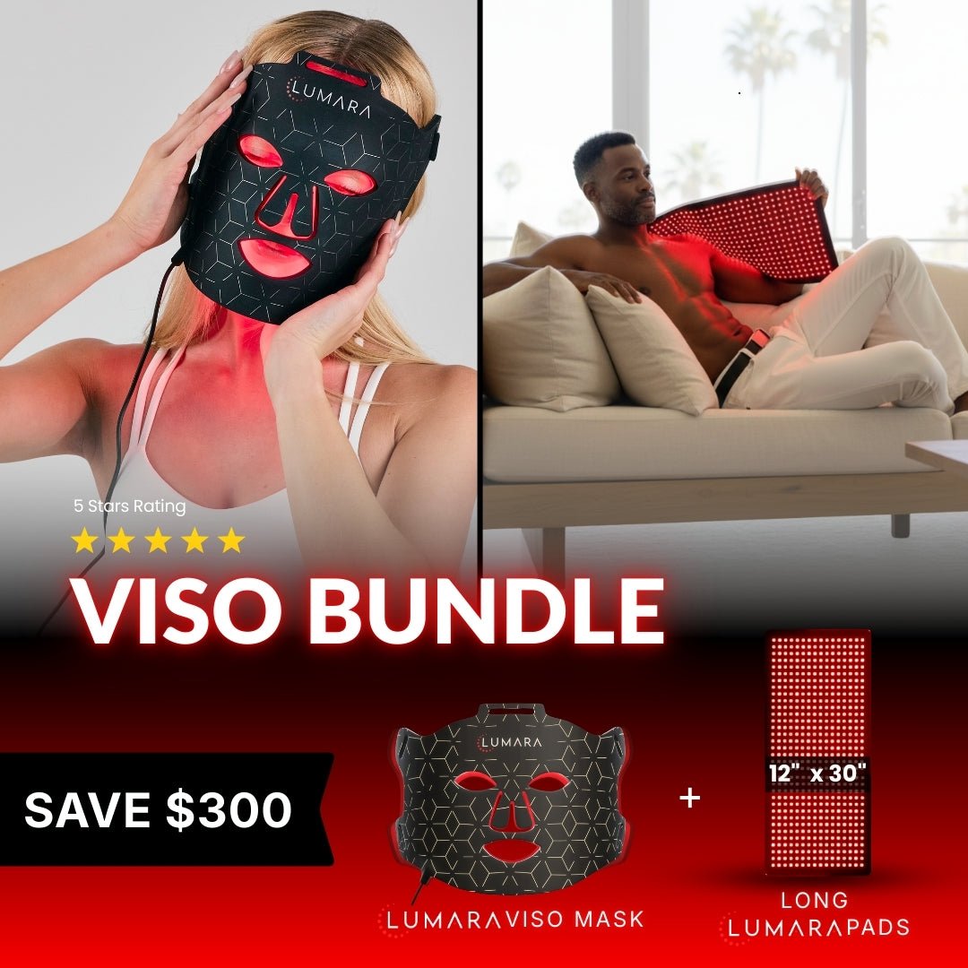 Lumara Viso bundle 'Save $300' graphic with two people wearing red LED masks