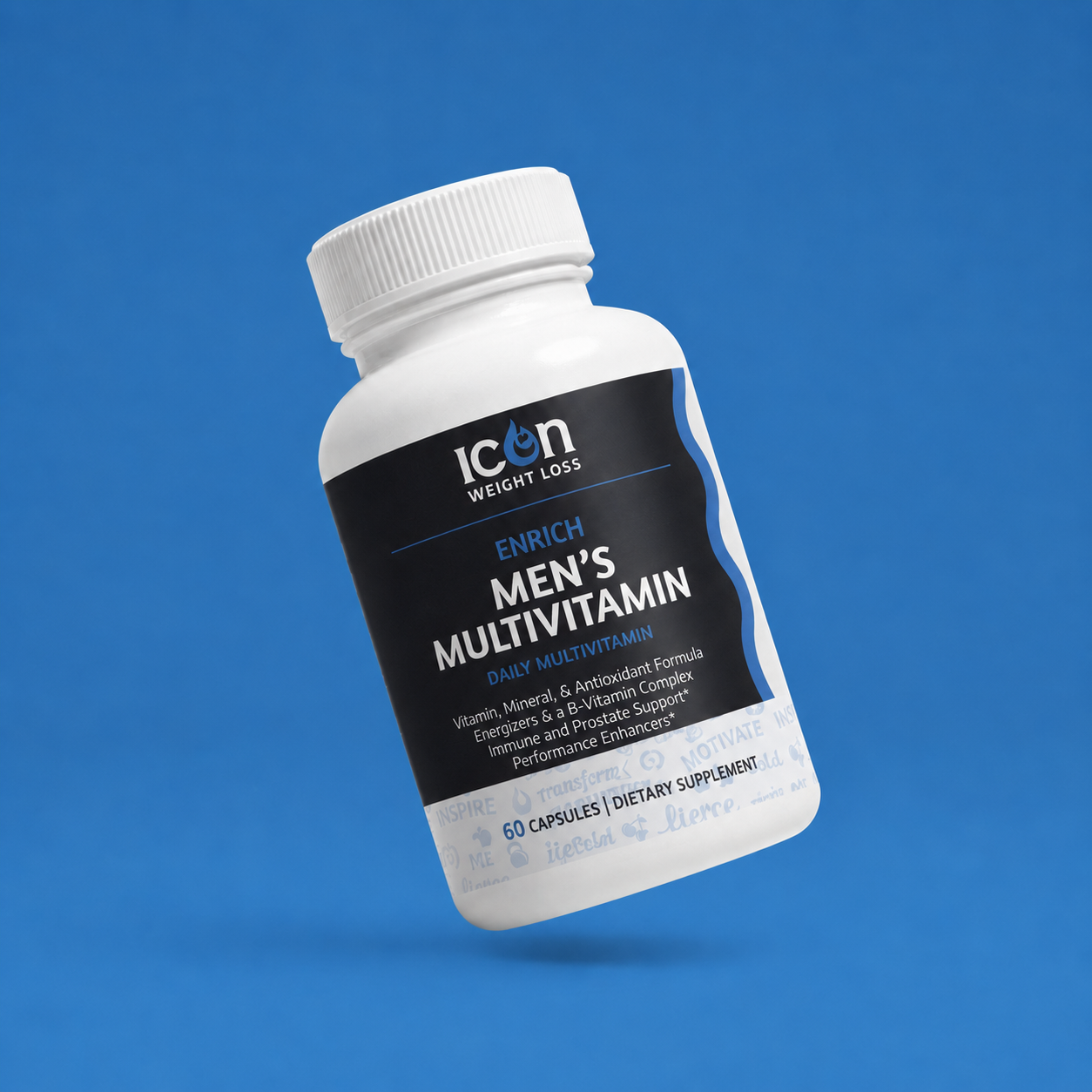 Icon Men's Multivitamin supplement bottle on a blue background