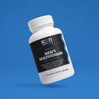 Icon Men's Multivitamin supplement bottle on a blue background