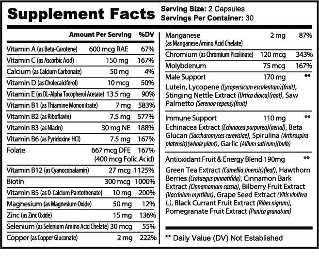 Supplement facts label for Icon Enrich Men's Multivitamin