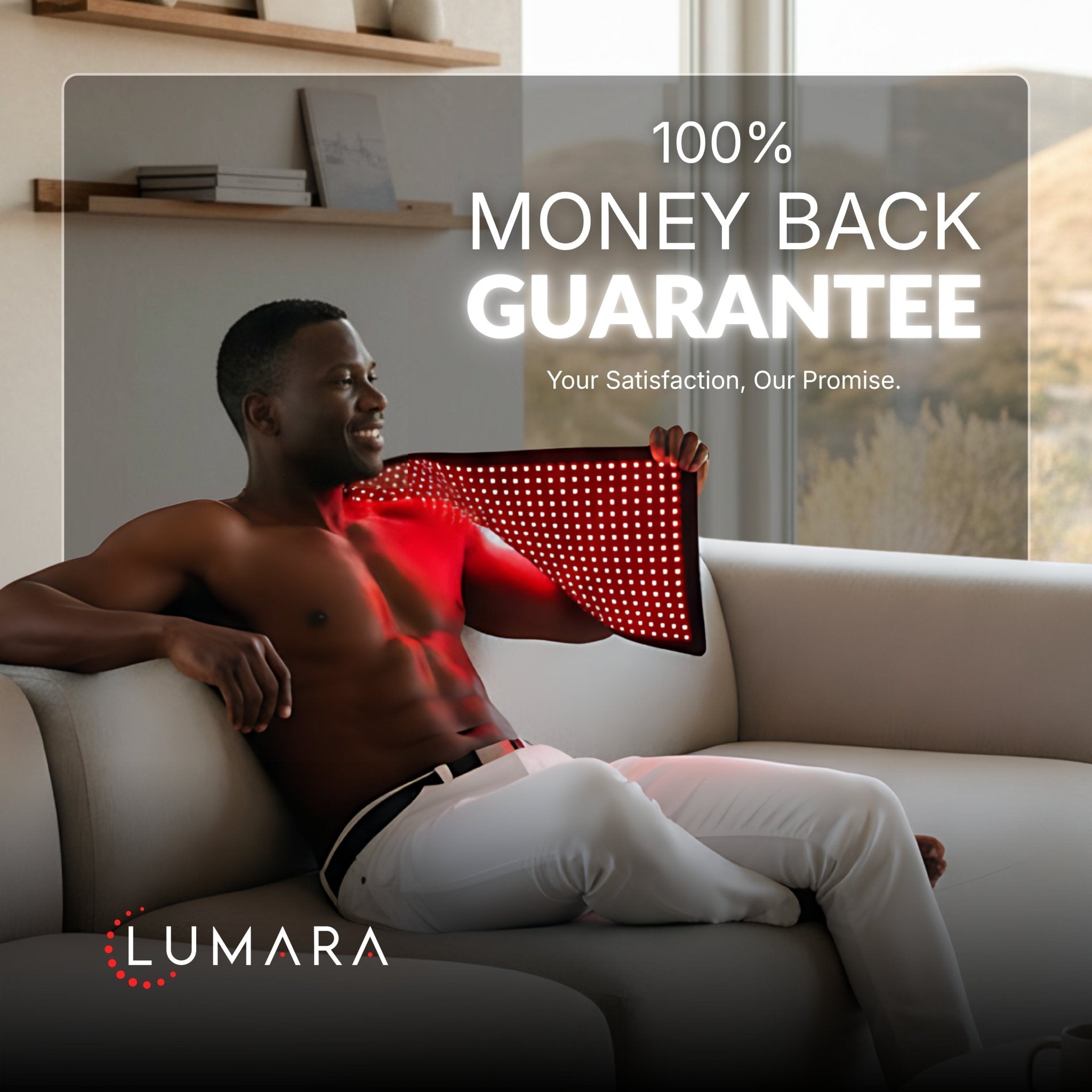 Lumara money-back guarantee graphic with a person using LED therapy on a couch