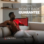 Lumara money-back guarantee graphic with a person using LED therapy on a couch