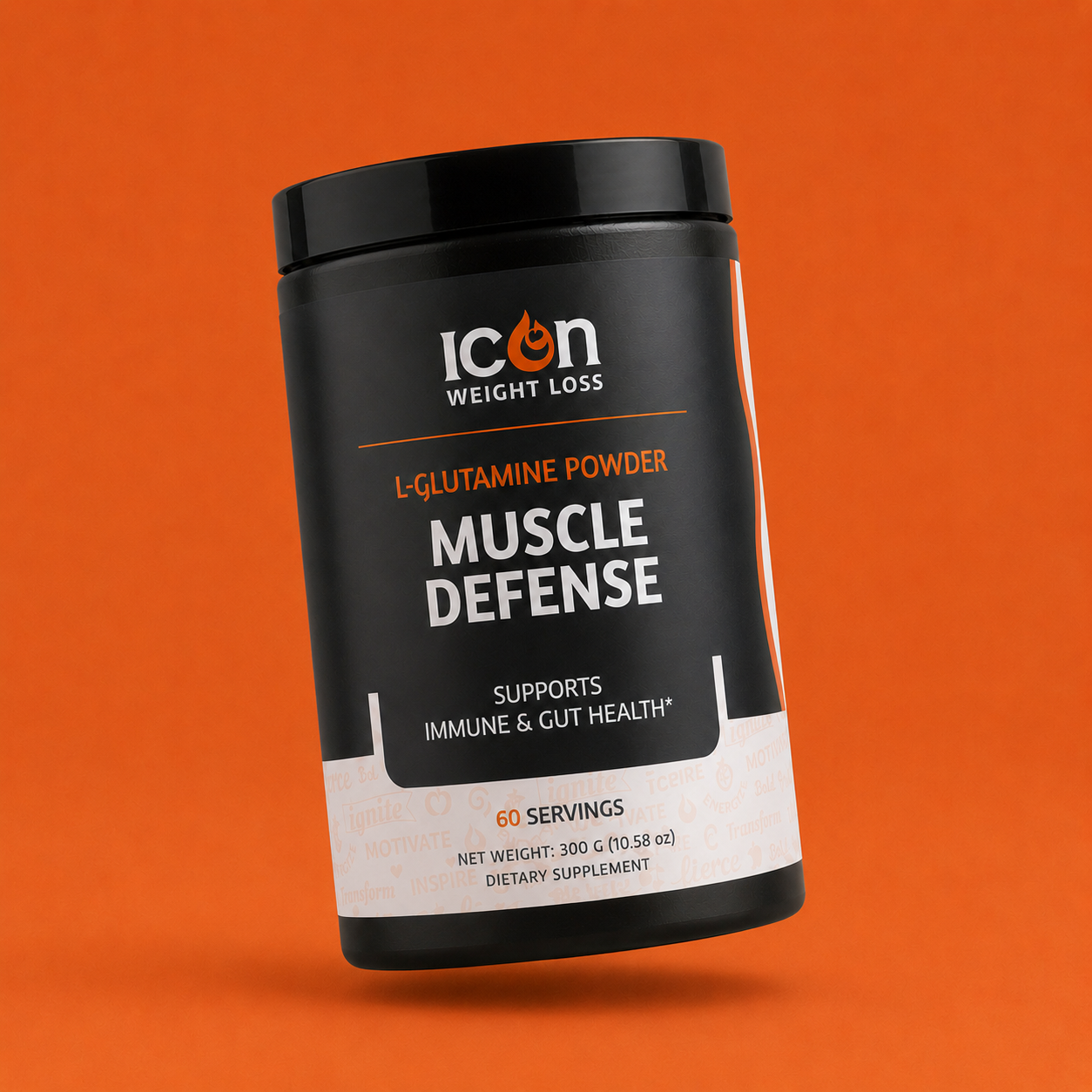 Icon Muscle Defense supplement container on an orange background