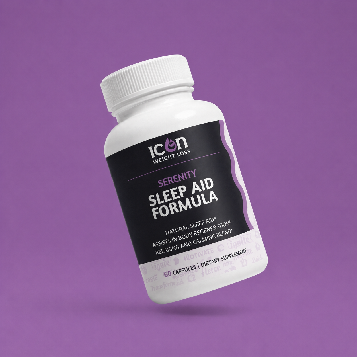 Icon Serenity Sleep Aid supplement bottle on a purple background