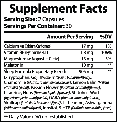 Supplement facts label for Icon Serenity Sleep Aid