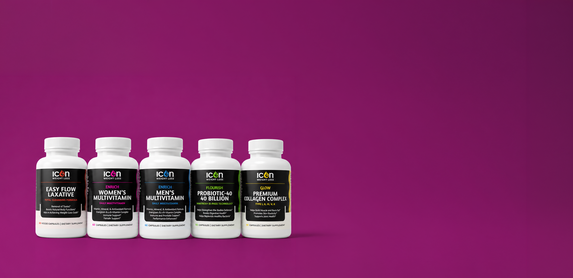 Row of Icon supplement bottles on a magenta background