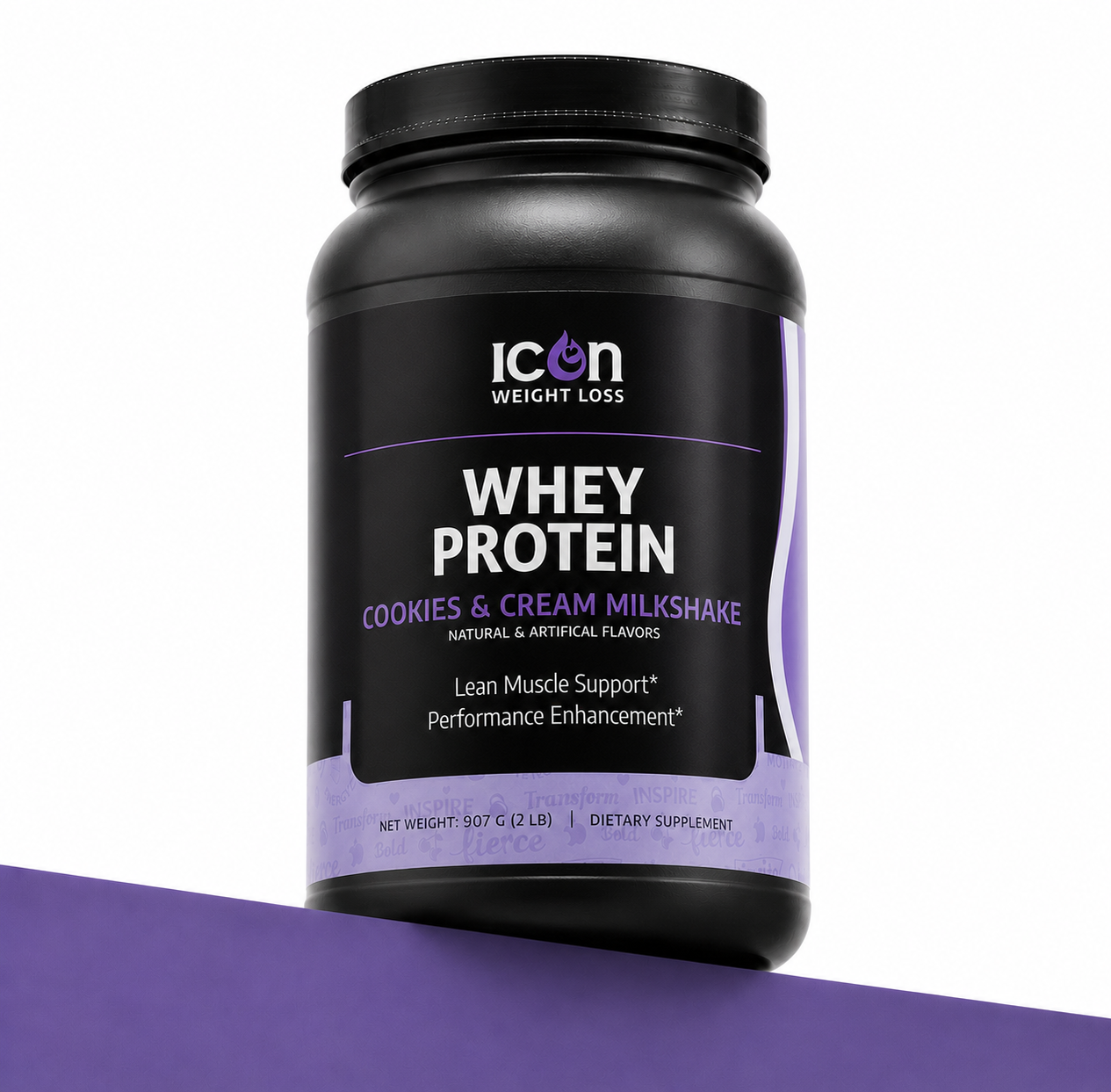 Icon Whey Protein container on a purple background