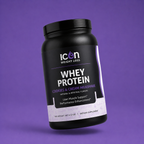 Icon Whey Protein container on a purple background