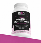 Icon Women's Multivitamin supplement bottle on a pink background