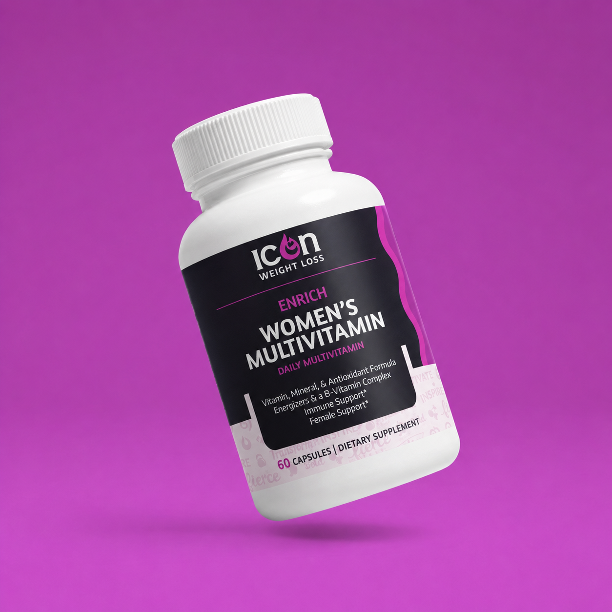 Icon Women's Multivitamin supplement bottle on a magenta background